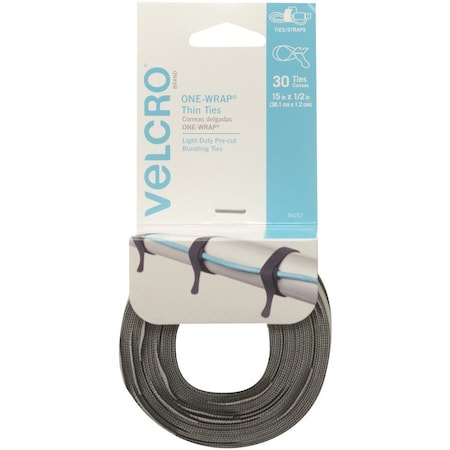 Velcro Brand Cable Tie, 15 in L, Black, Gray, Nylon, 25 lb Strength, 30 PK VEK94257